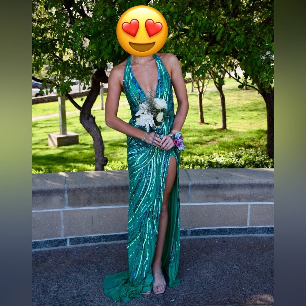 Ashley Lauren prom dress covered in green/blue/teal sequins Starry Night Size 0